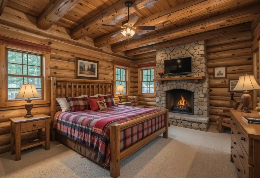 "Rustic cabin-style bedroom with log walls, plaid bedding, and wood ceiling beams"