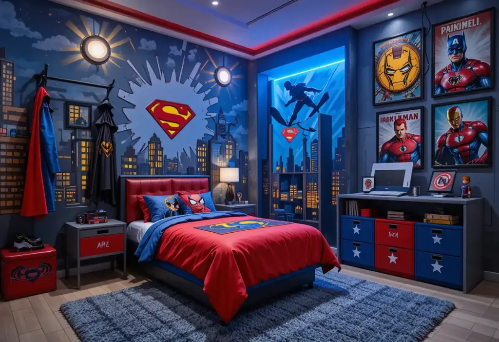 "Superhero-themed boys' bedroom with comic-style wall art, hero bedding, and a cityscape design for an action-filled look."