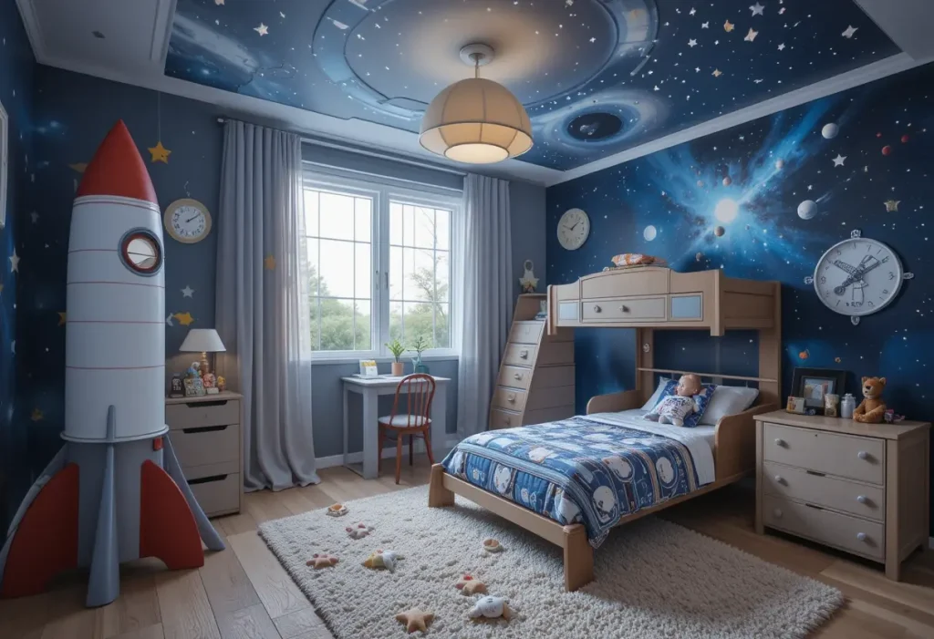 Toddler room with rocket furniture, space mural walls, glowing ceiling stars, and astronaut bedding in a space adventure theme."