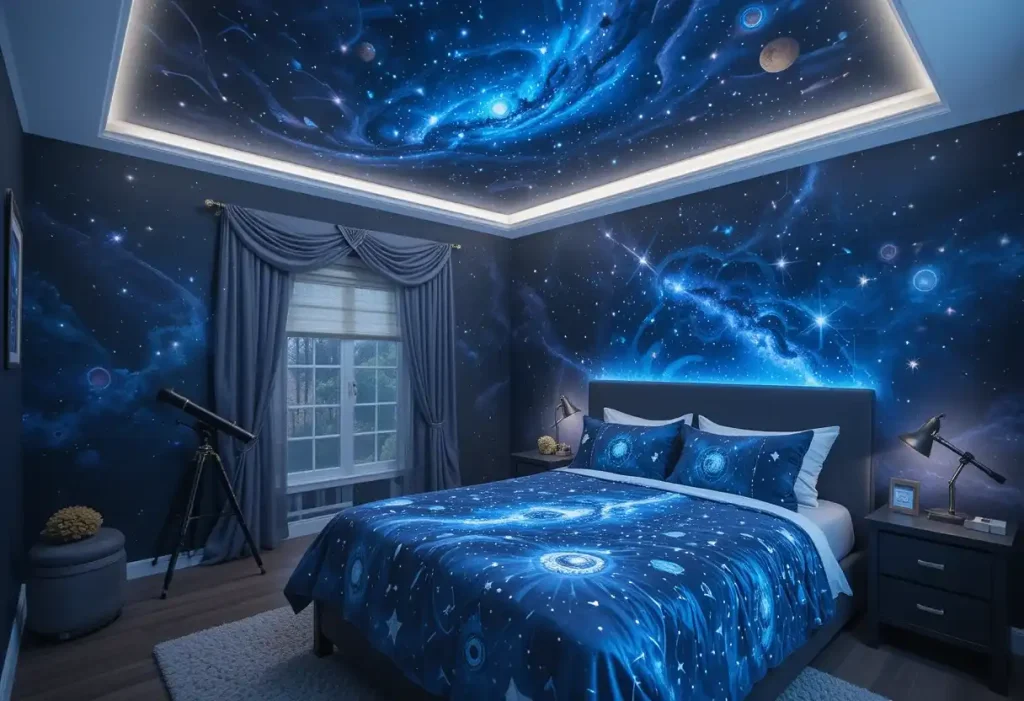 A space-themed bedroom featuring starry décor, planets, and a telescope by the window.