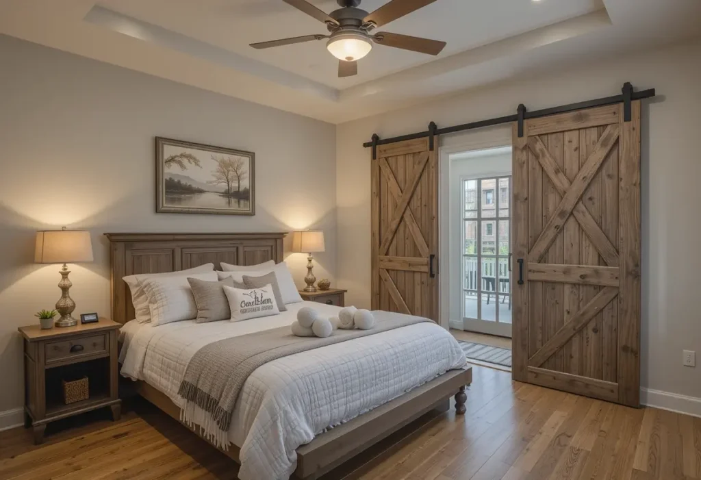 Reclaimed wood sliding barn doors in a warm-toned rustic guest bedroom.