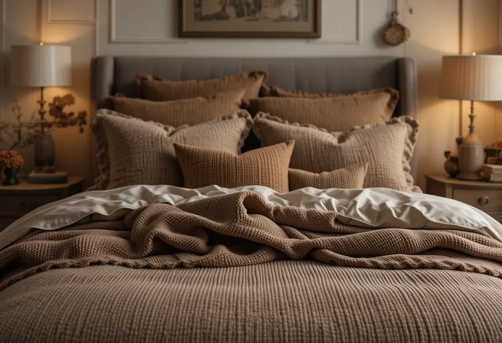 Bed styled with rich textured brown bedding, including waffle knit and corduroy layers for cozy comfort.