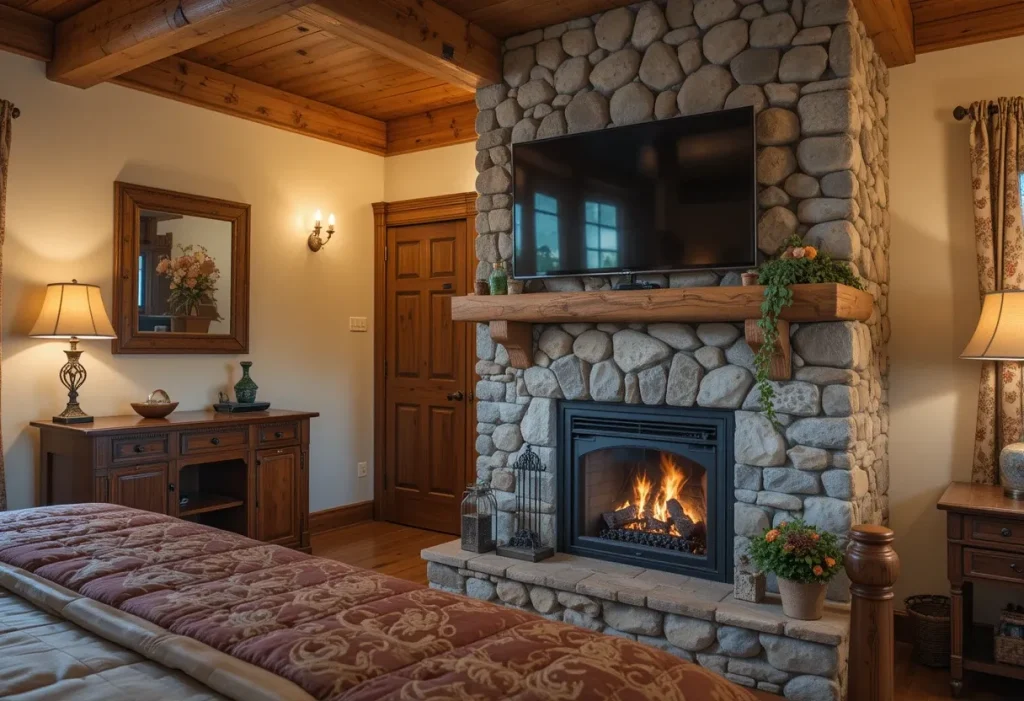 Flat-screen TV mounted above a bedroom fireplace with a warm brown palette.
