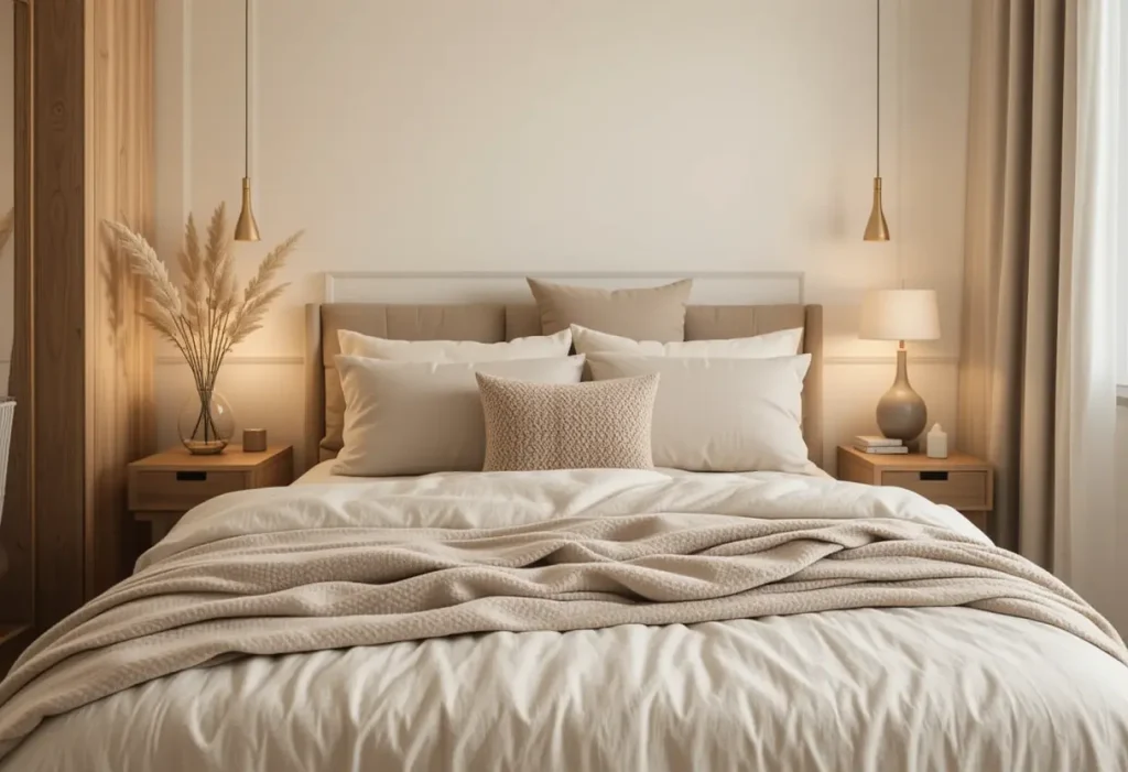 "Small bedroom with warm neutral colors, soft lighting, and cozy bedding creating a peaceful, inviting atmosphere.