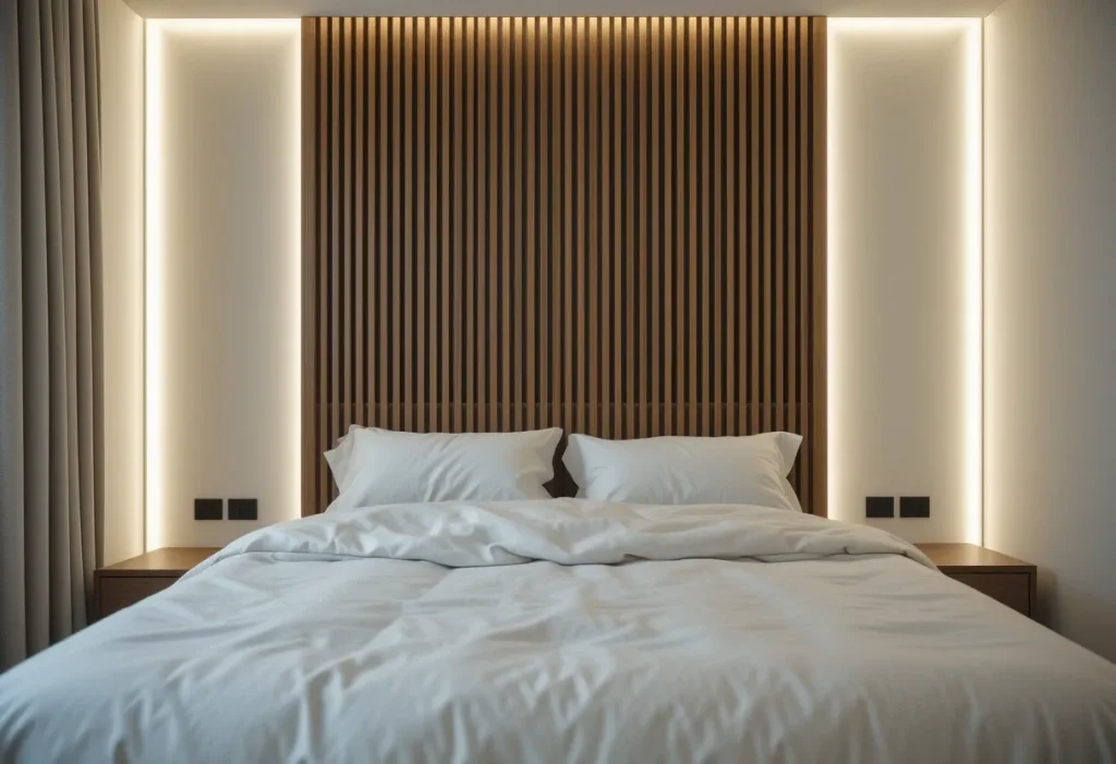 Tall vertical slatted wood headboard behind a neutral-toned bed, lit by soft LED strip lighting.