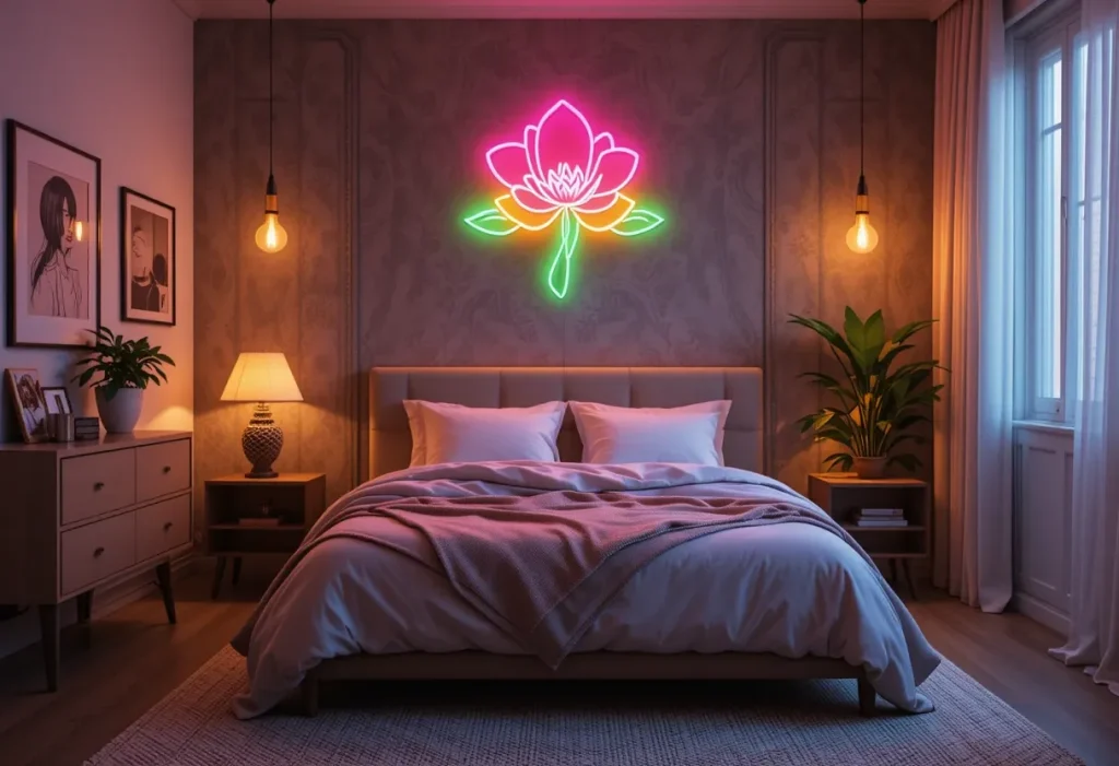 Bedroom wall displaying a blank sign area (no text) with built-in backlighting, set above a minimalist headboard and bed.

