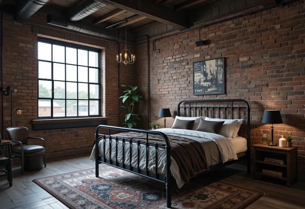Urban loft bedroom with exposed brick, black metal accents, and large industrial-style windows.
