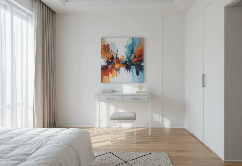 Contemporary bedroom with an acrylic vanity and stool, bold abstract wall art, and a light, airy ambiance.