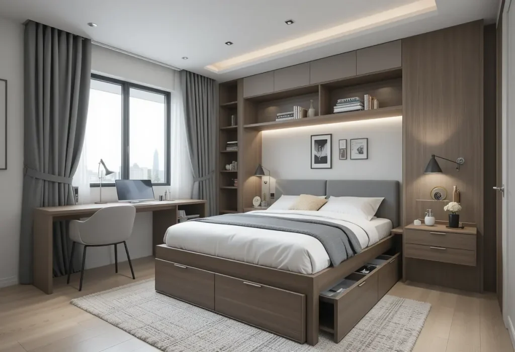 “Masculine small bedroom with a dark navy blue accent wall behind the bed.”