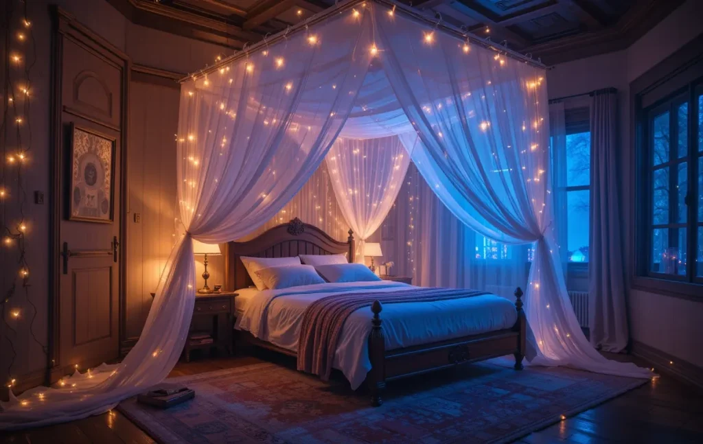 Cozy single-bed room with fairy lights draped above sheer bed curtains, soft lighting, and light bedding.