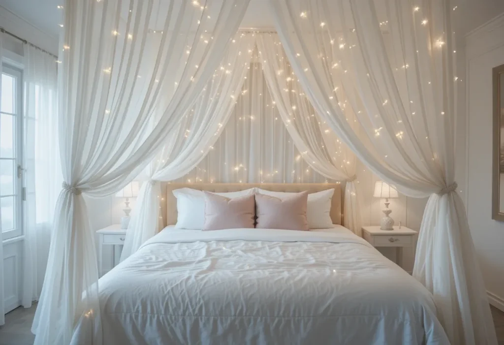 Romantic bed with a sheer white canopy draped from ceiling hooks and fairy lights.