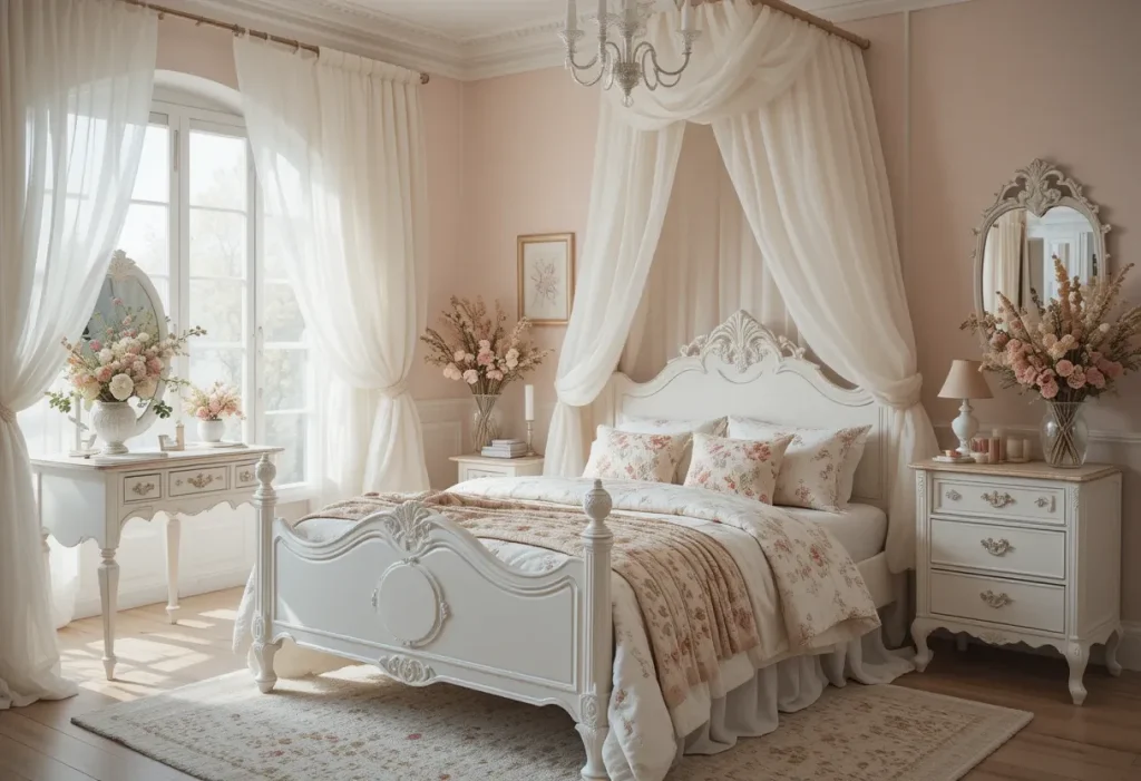 A vintage-inspired bedroom with floral bedding, pastel walls, dried flowers, and a shabby chic vanity.