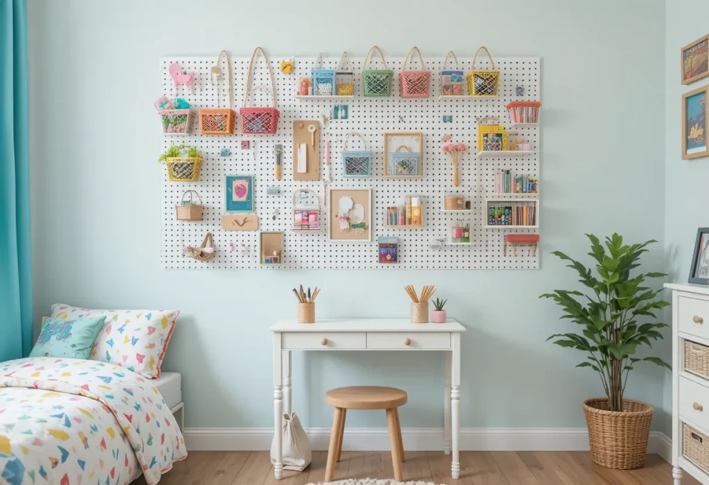 Colorful pegboard wall above a kid’s desk, holding baskets, art tools, and small hanging planters.