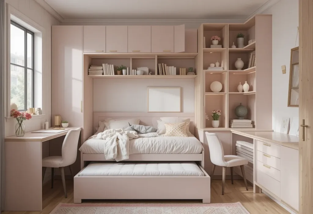 Children’s room with a fold-out desk, trundle bed, and compact storage unit in pastel colors.”