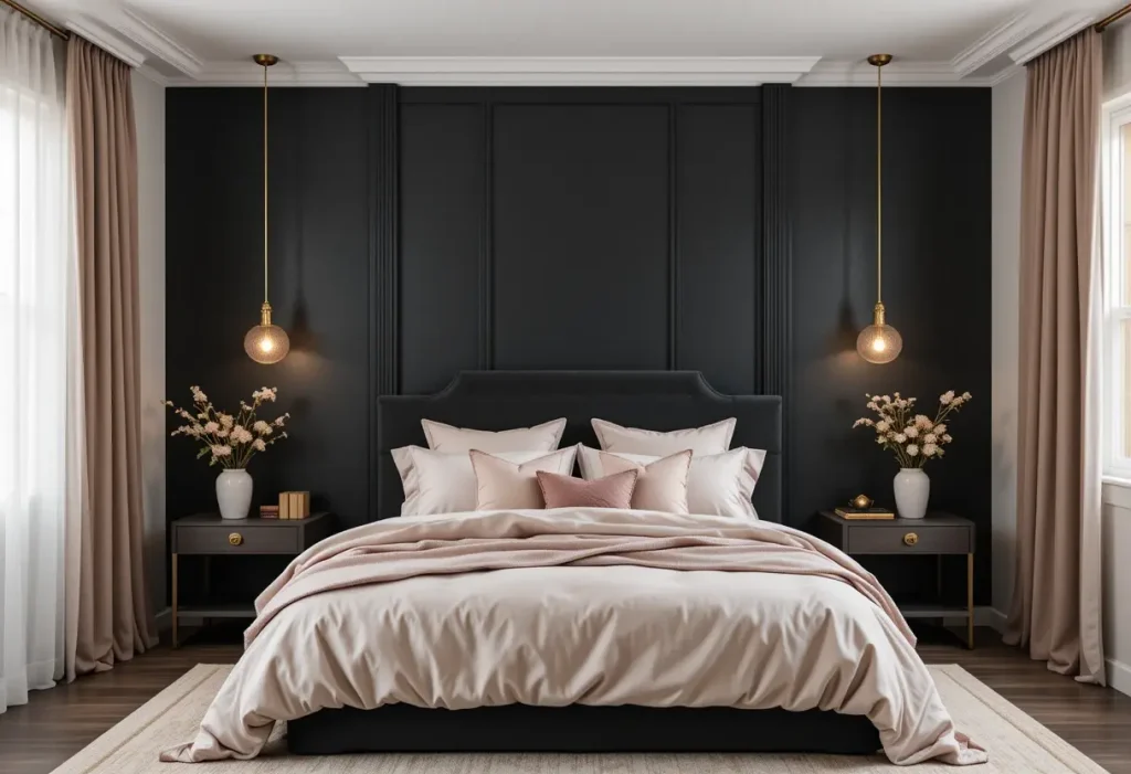 Romantic bedroom with a black accent wall, cozy neutral bedding, and warm gold lighting for a moody look.