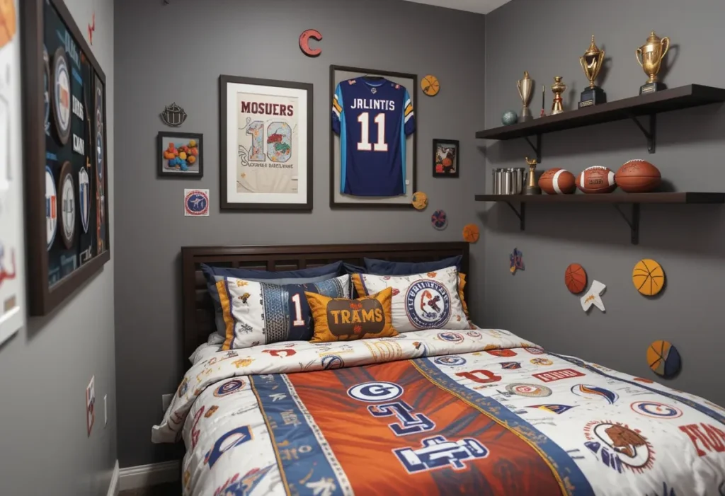 Sports-themed bedroom with team bedding, framed jerseys, and floating shelves for trophies.
