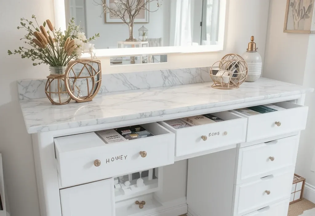 Custom vanity using IKEA Alex drawers and a tabletop, styled with lighting and drawer organizers.