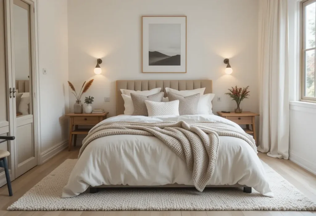 Small couple’s bedroom in neutral tones with layered textures and warm decor for a cozy, stylish feel.