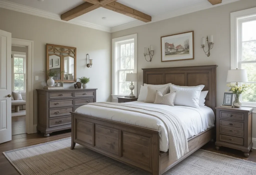 Farmhouse bedroom featuring a vintage wood dresser with original metal hardware.