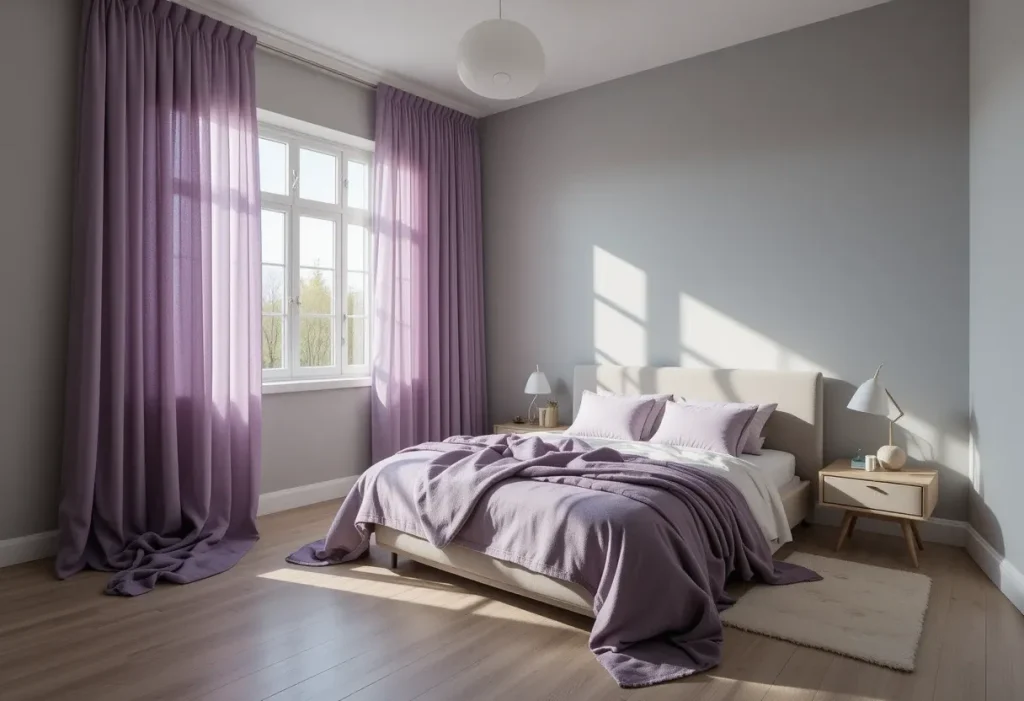 Minimal bedroom with grey walls and ombre purple curtains flowing to the floor.