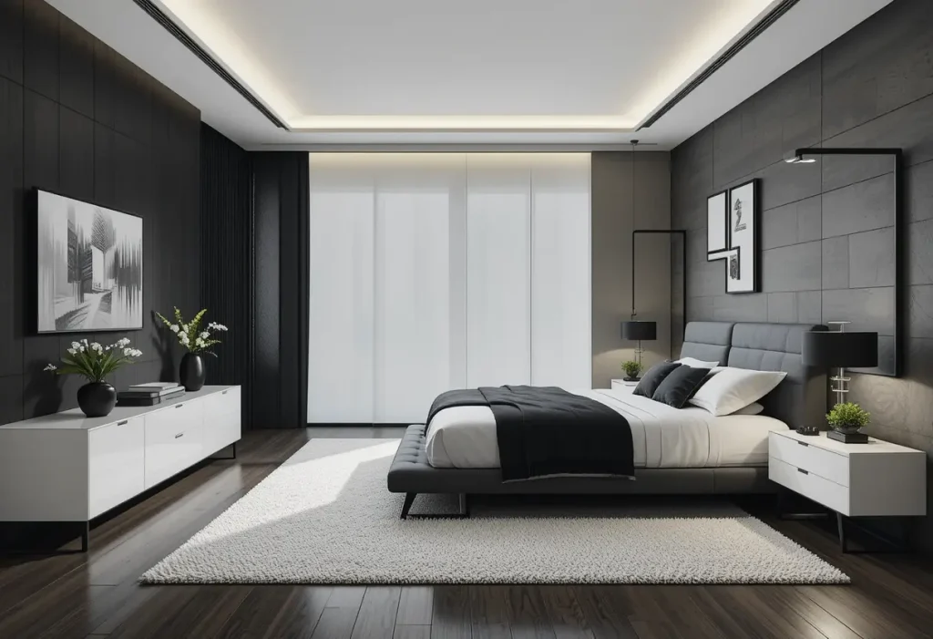 "Monochrome bedroom with modern black-and-white decor and minimalist design"