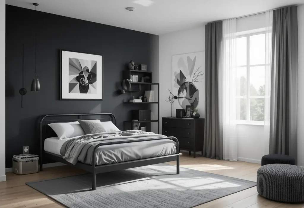 "Minimalist boys’ bedroom in monochrome tones with geometric wall art, gray bedding, and a clean, modern design."