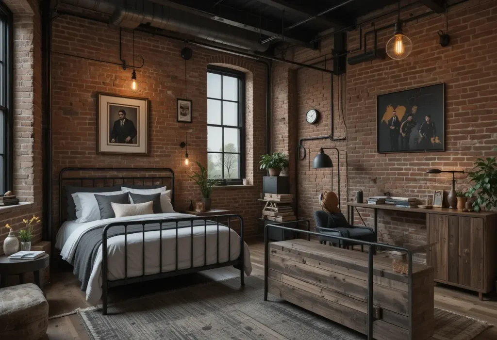 "Urban guest room with exposed brick walls, industrial lighting, metal-framed bed, and raw wood accents."