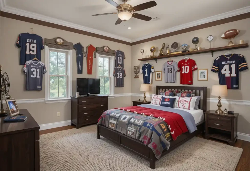A sporty room with jerseys on walls, a pegboard for gear, and a custom name sign.