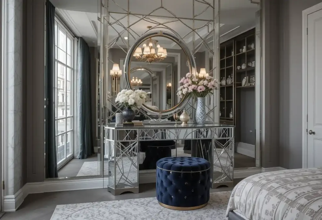 Glamorous mirrored Art Deco vanity with geometric patterns and jewel-toned stool.