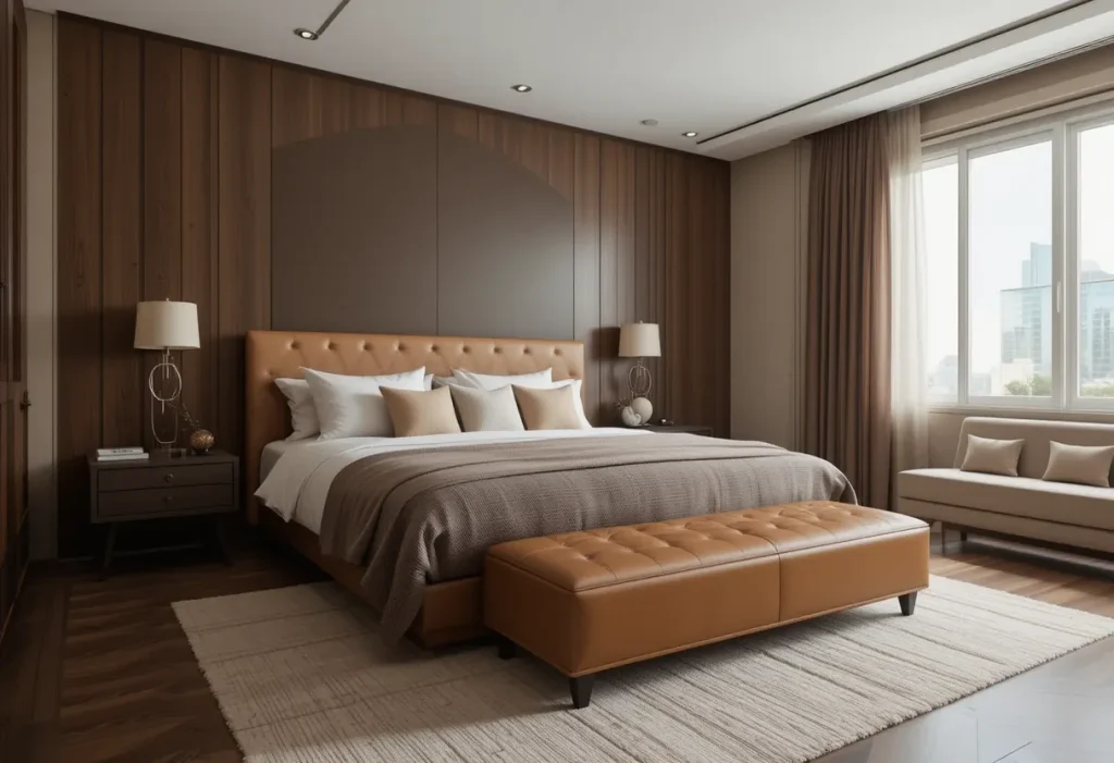 Neutral-toned bedroom with tan leather bench adding a touch of modern luxury and warmth.