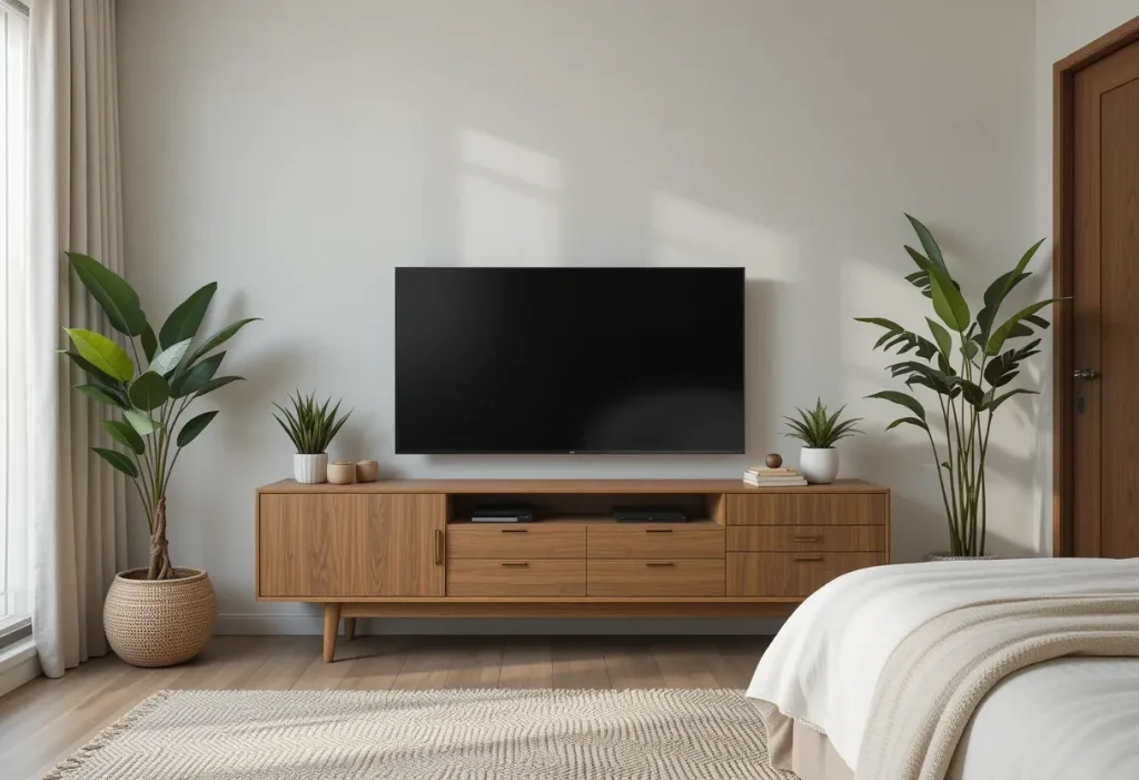 TV placed on a low-profile media console with storage in a stylish brown bedroom.