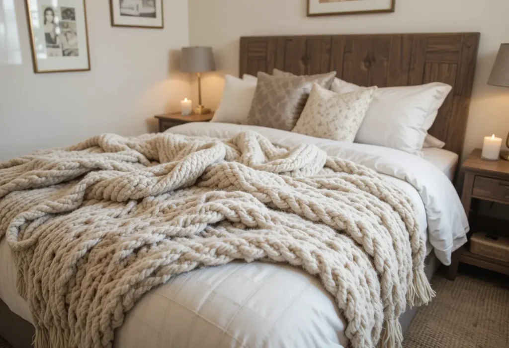 "Chunky knit throw blanket on a small bed in a cozy bedroom, adding texture and warmth to the space.