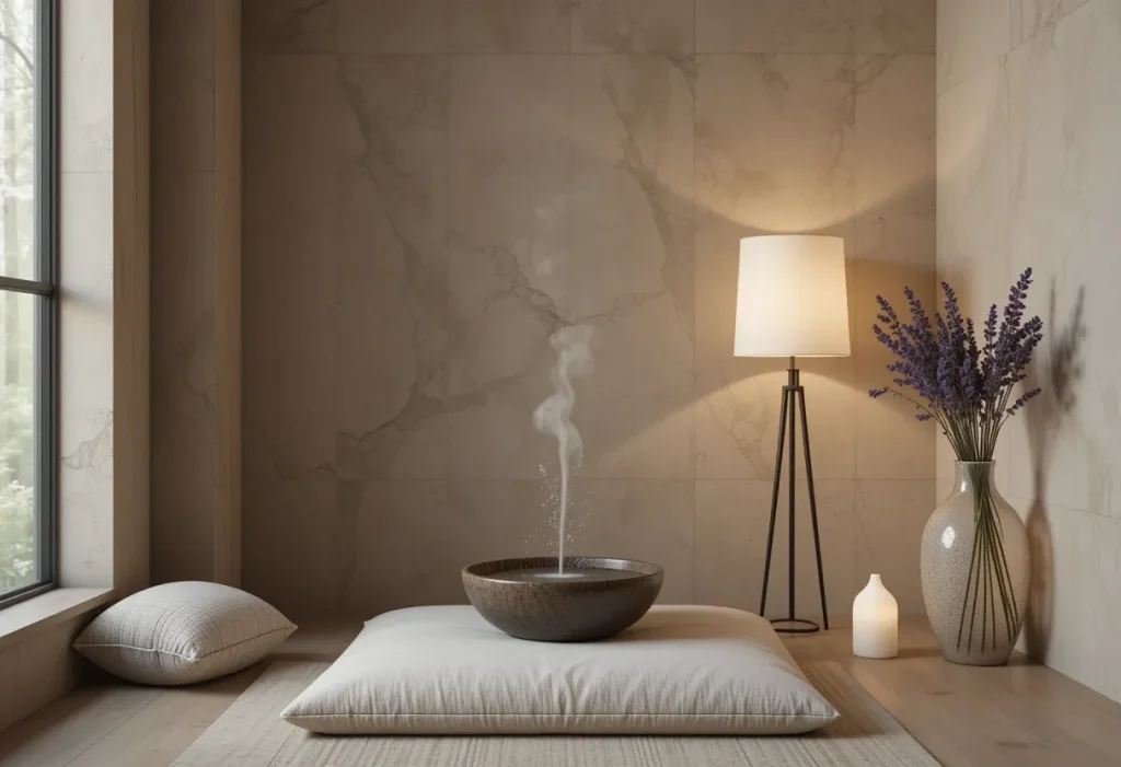 Peaceful corner with a meditation cushion, soft lighting, and neutral tones, surrounded by simple decor.
