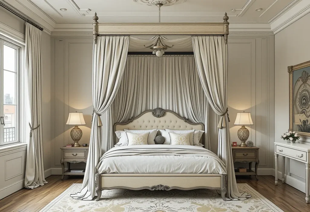 Elegant bedroom with a tall canopy bed, flowing white drapes, and soft layered bedding.