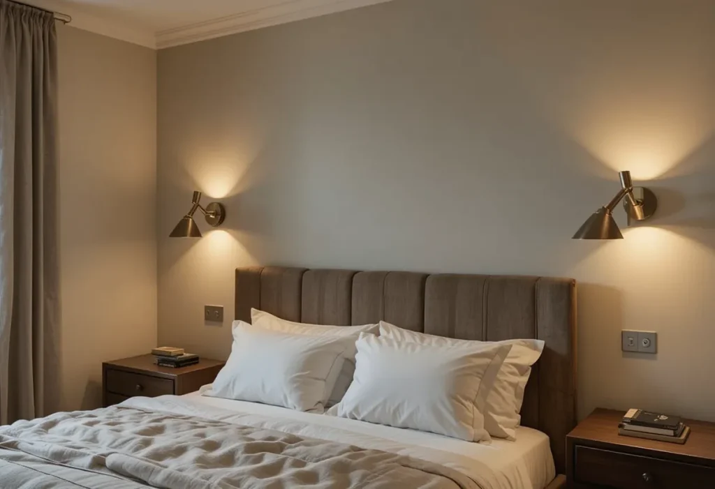 Pair of wall-mounted swing-arm sconces above nightstands, providing ambient light in a cozy room.