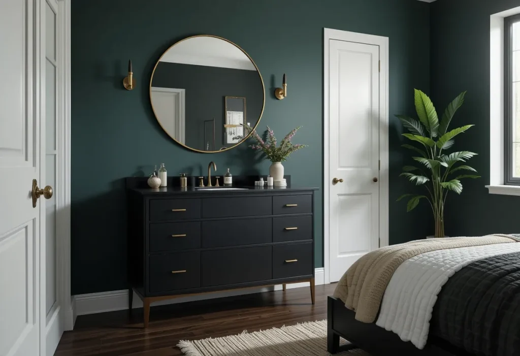 Stylish bedroom with a matte black vanity, brass accents, green feature wall, and leafy indoor plant.