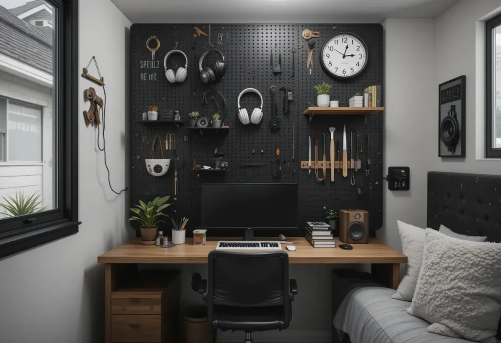 “Compact bedroom with smart furniture: bed with drawers and fold-out desk.”