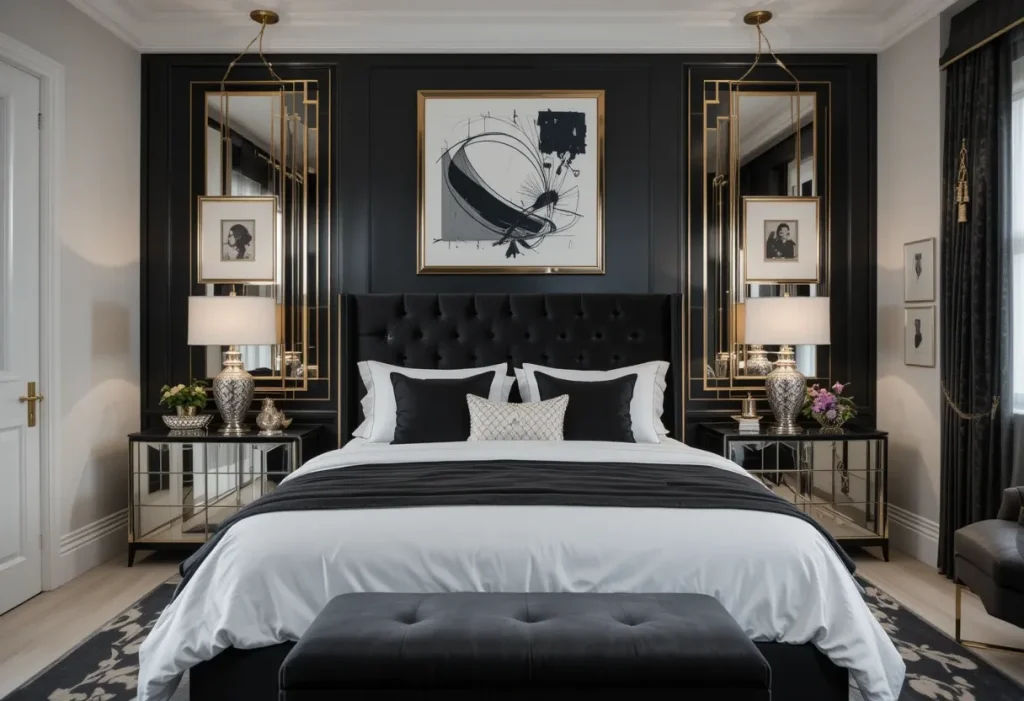 An elegant bedroom with a velvet bed, mirrored nightstands, monochrome bedding, and gold accents.