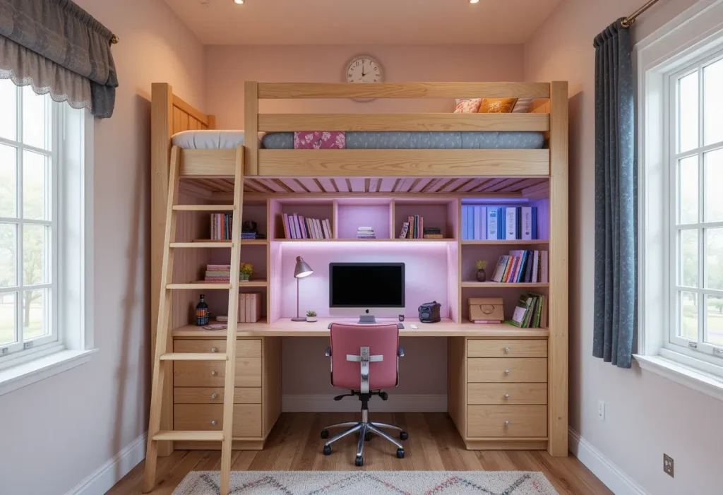 Loft-style bed with study desk and chair underneath, featuring string lights and shelving for books and toys.