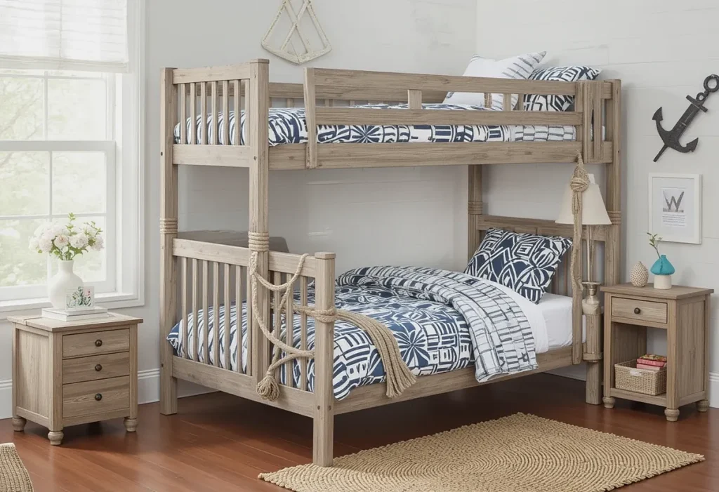 Navy and white bunkbed room with rope railings, anchor decor, and a nautical rug.
