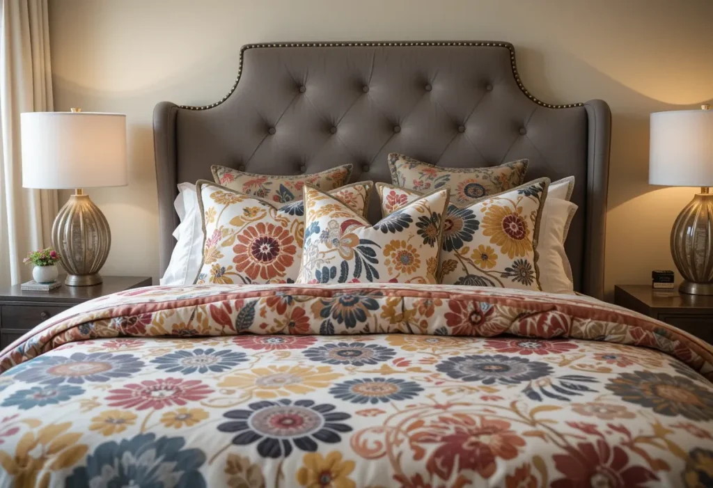Statement bedding with bold patterns and decorative pillows.
