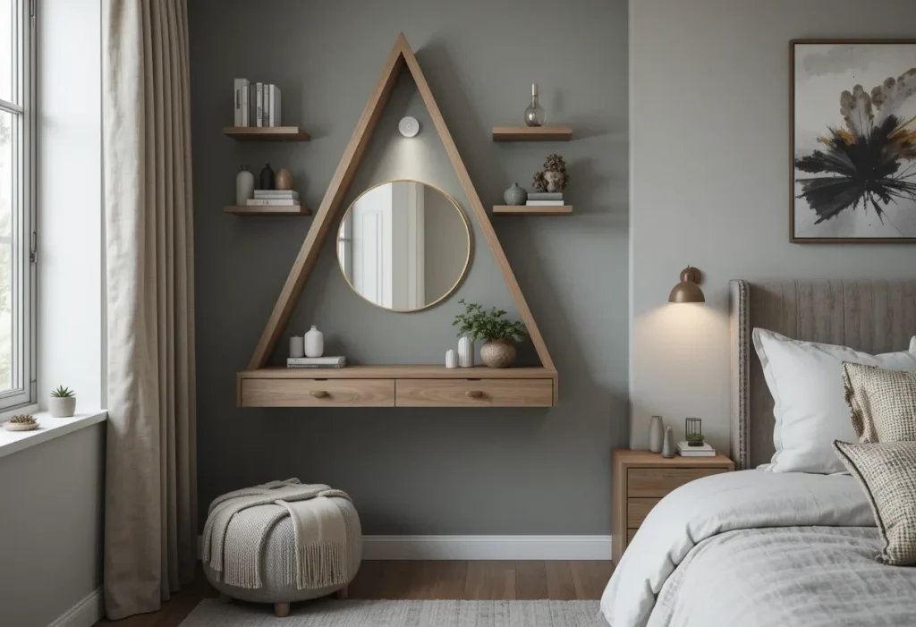 Compact corner vanity with a triangle shelf, small mirror, wall storage, and soft decorative touches.