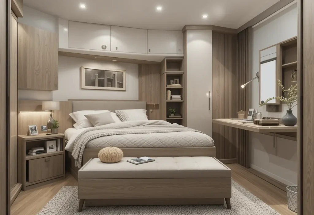 Small couple’s bedroom with multipurpose furniture like storage bed, dual-use nightstands, and space-saving design.