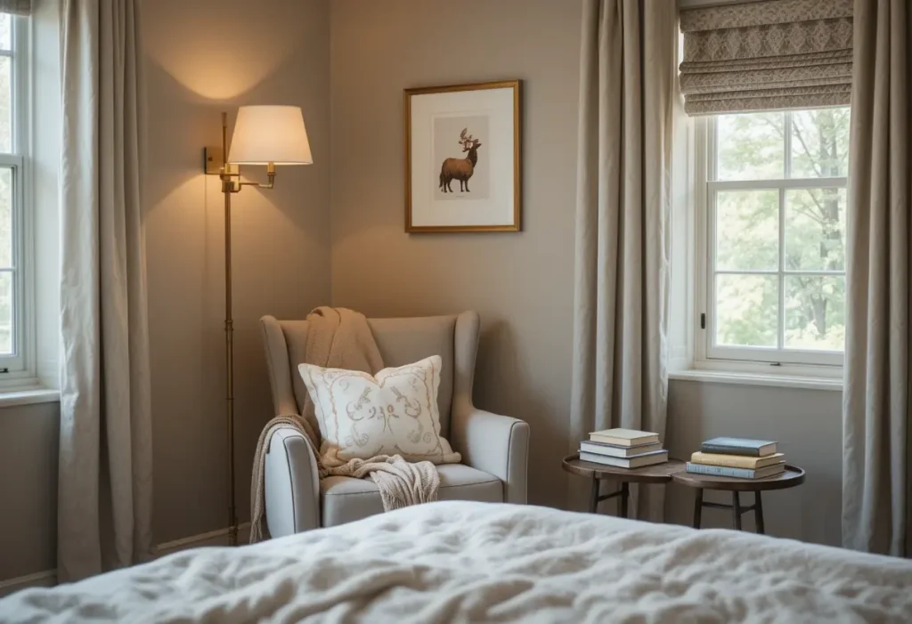 "Guest bedroom with a bold statement light fixture that adds style and becomes the room’s focal point."