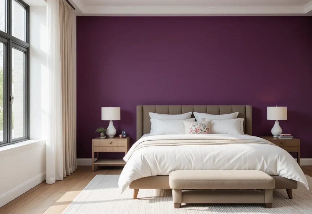 Bold bedroom with a plum accent wall behind a bed and neutral furniture in a bright space.