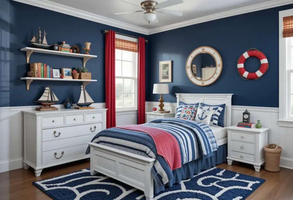 "Nautical navy boys' bedroom with striped bedding, anchor decor, rope shelves, and coastal navy and white color scheme."