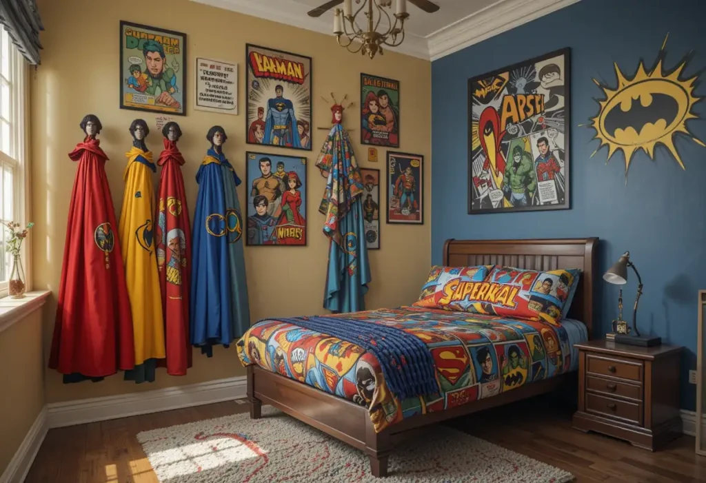 "Colorful superhero toddler room with comic posters, capes, a small hideout tent, and bright action-themed decor."