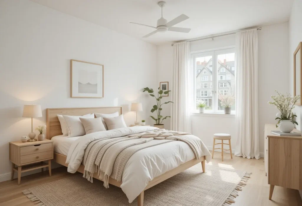 "Scandinavian-style guest room with light wood, soft neutral colors, minimal decor, and natural textures."