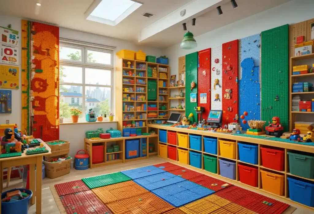 A vibrant Lego lover’s room with bins, display shelves, and a brick wall play area.