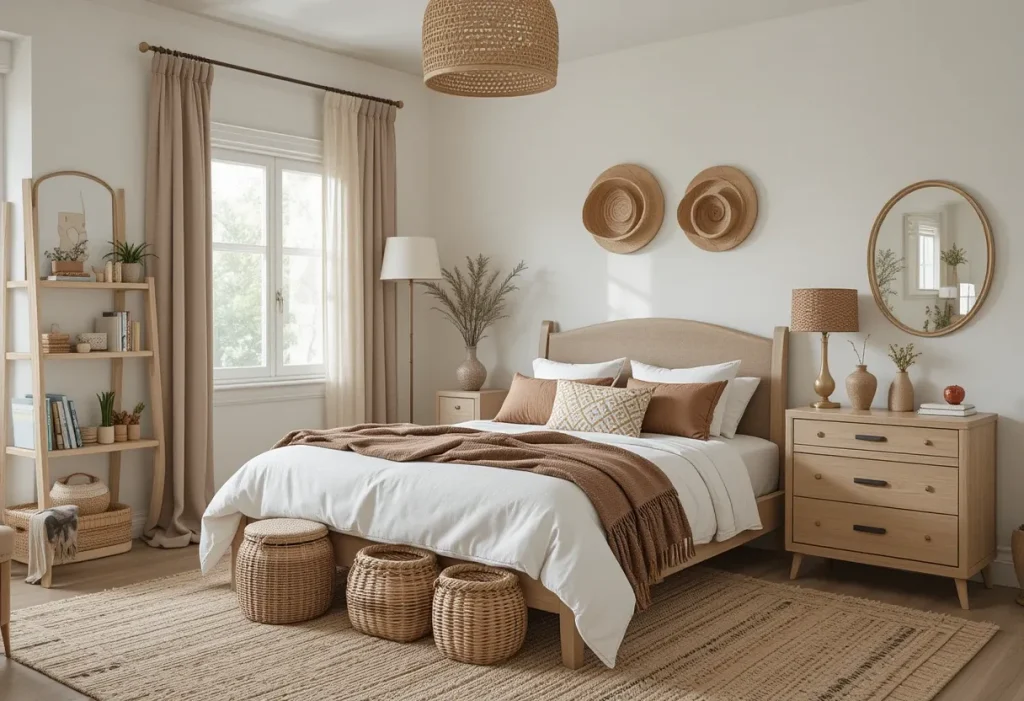 Boho bedroom with natural woven baskets used for storage and decor, paired with earthy accents.